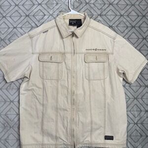Rocawear Men's Tan Short Sleeve Zip Up Workwear Shirt Casual Tan Size XL